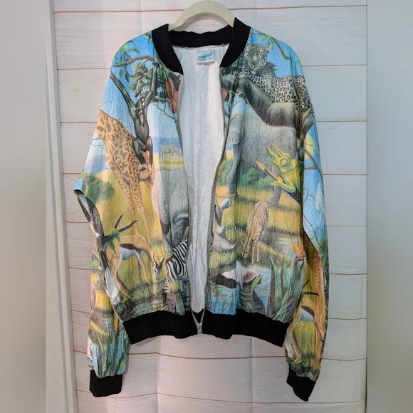 VINTAGE RARE Colorful Animal Print Bomber Jacket Size Large - Picture 2 of 13
